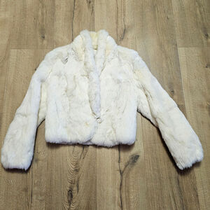 Vtg White Cream Rabbit Fur Coat Cropped Cream Satin Lined Glam Mob Wife Club M